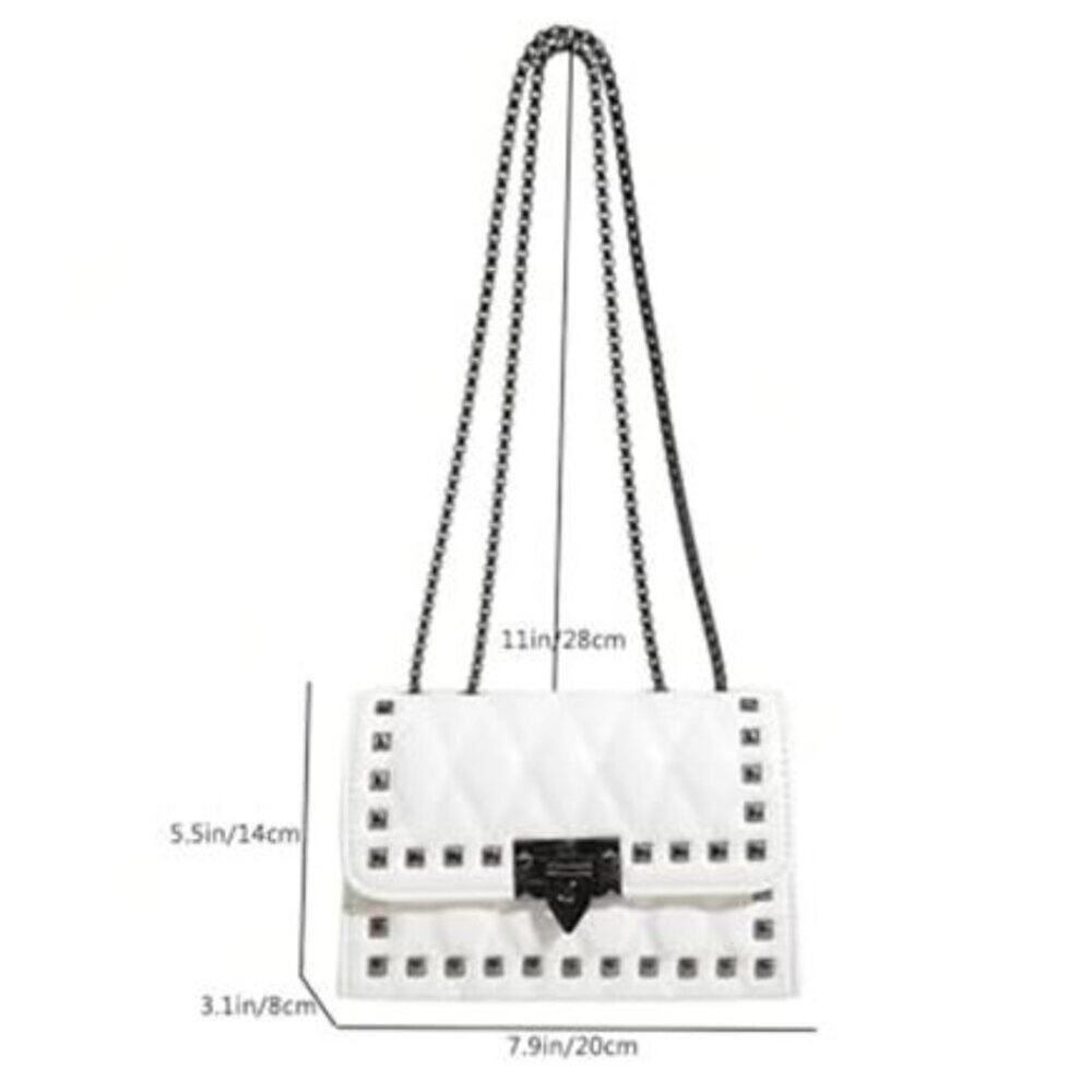 Women’s White Studded Punk Crossbody Bag Chain Strap Vegan Leather Purse - Picture 3 of 8